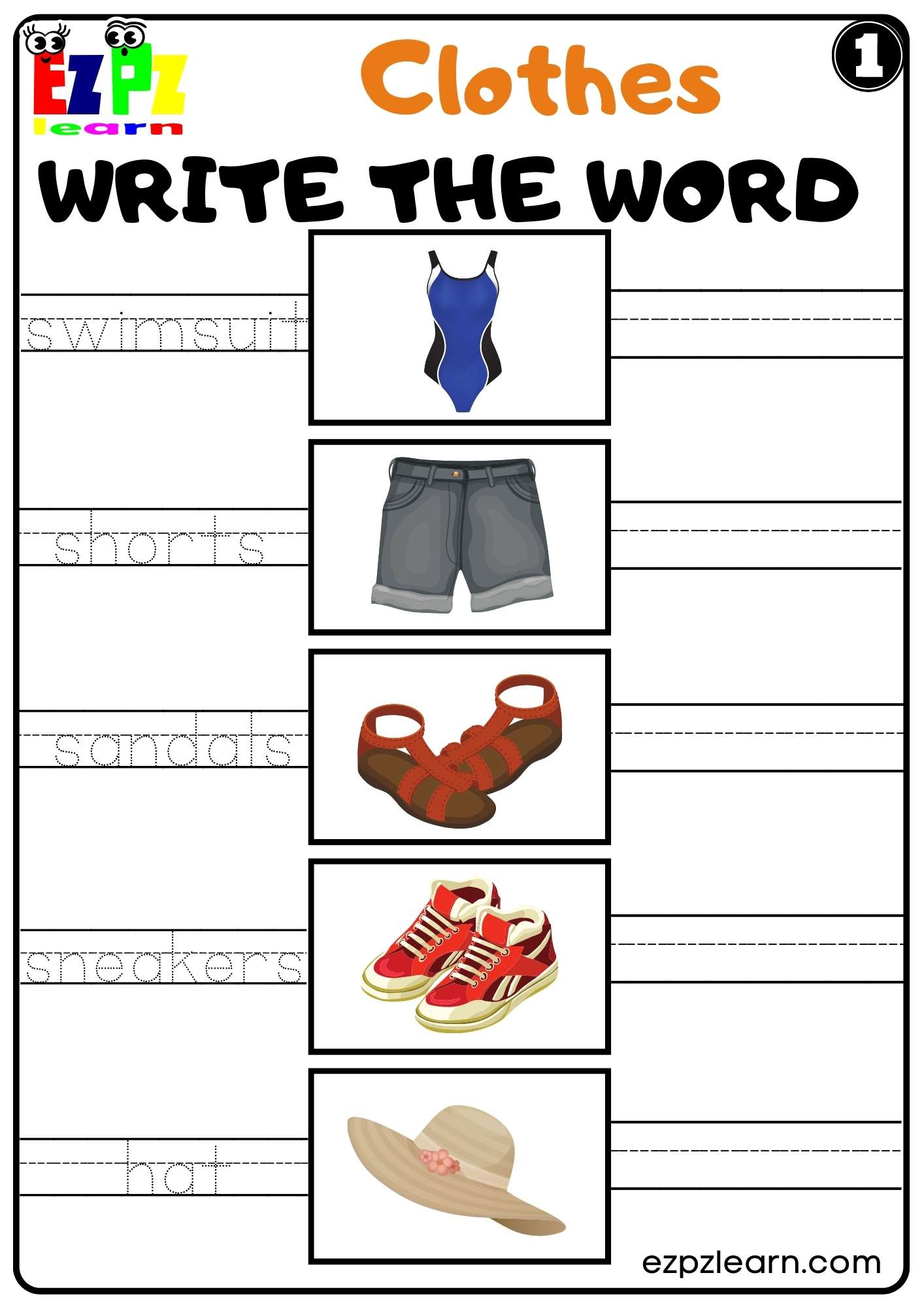 Clothes Write the Word Worksheet for Kindergarten K5 and ESL set 1